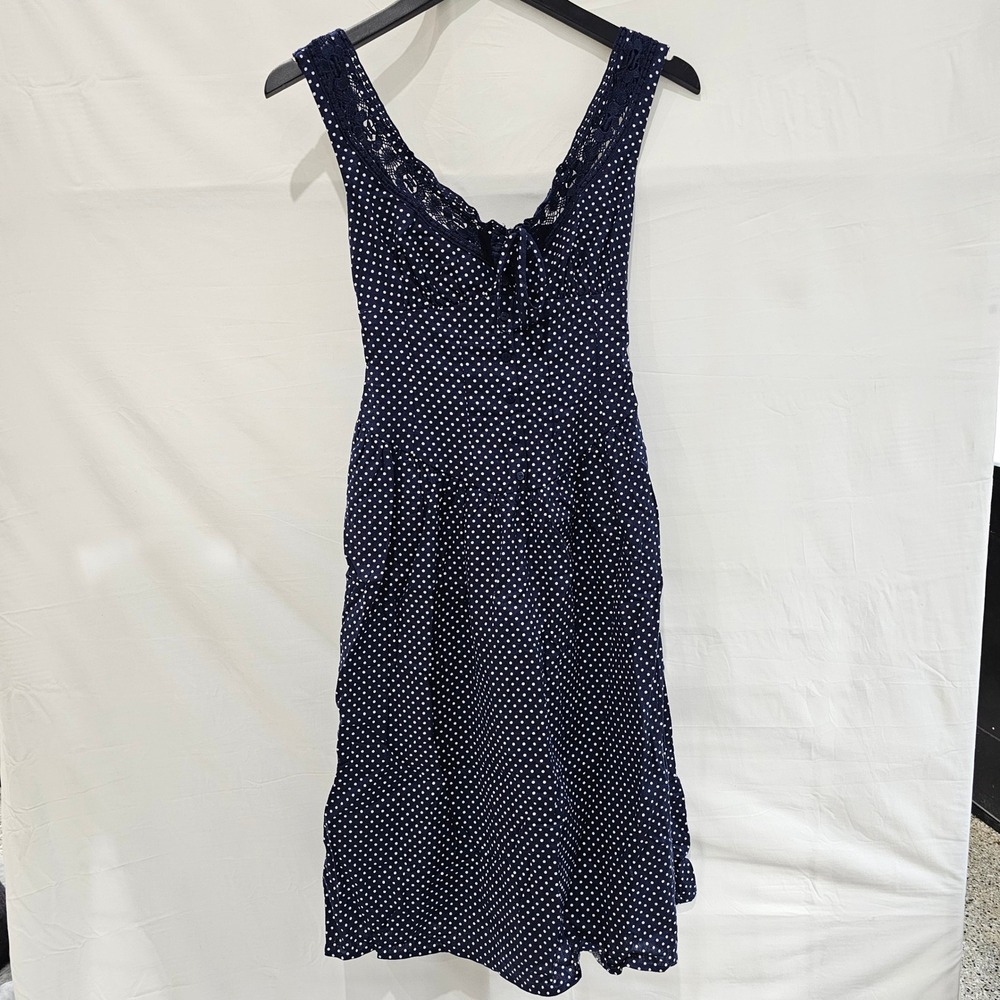 New Wild Fable Size XS Navy Polka Dot Lace Trim Midi Dress V-Neck Smocked Back